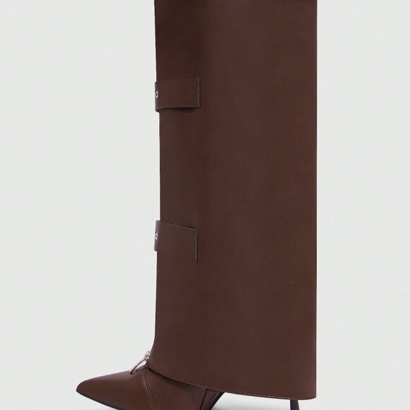 Rust Brown Casual Women's Pointed Toe Knee-High Heeled Boots - Picture 9 of 10